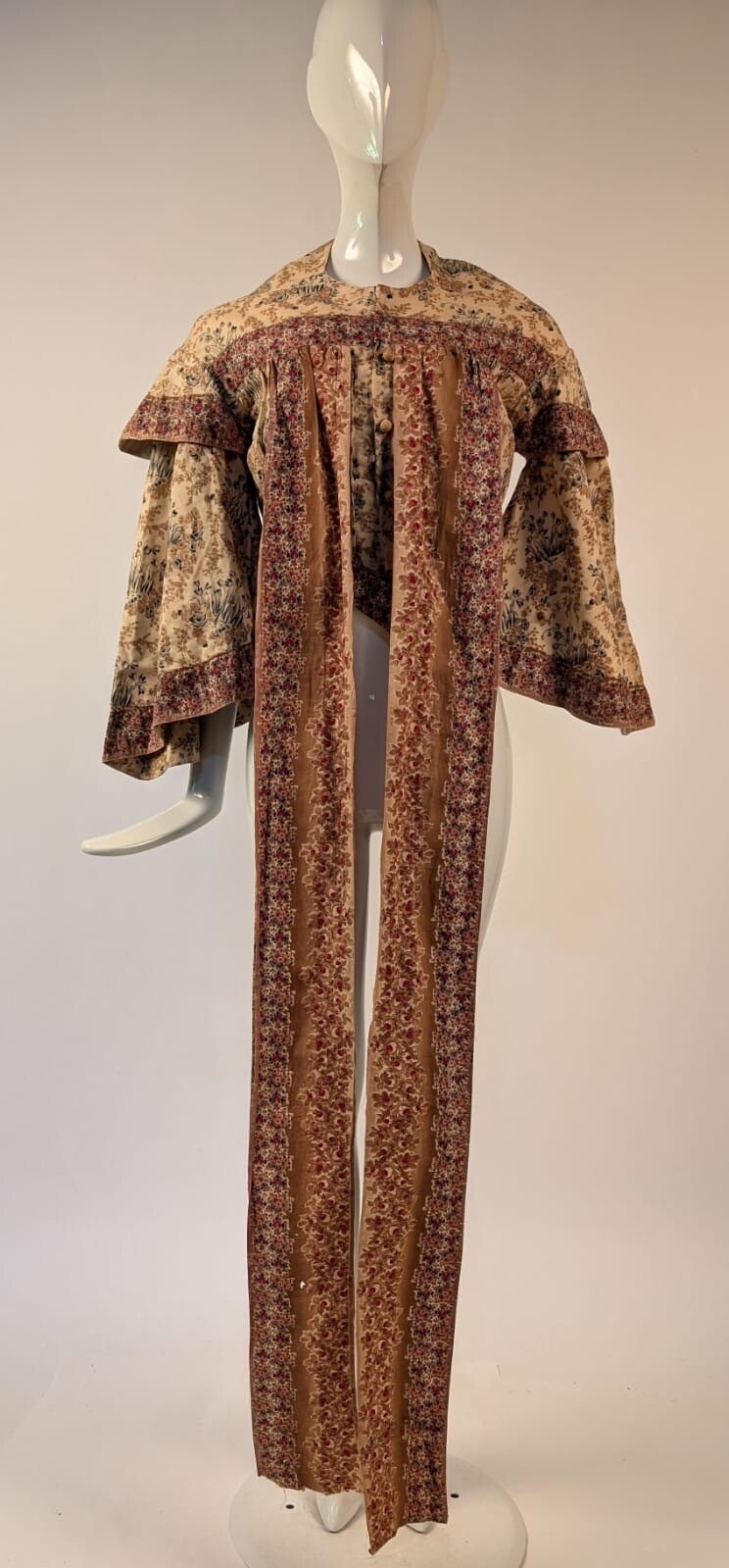 COLORFUL 1850’S STRIPED FLORAL PAGODA SLEEVE BODICE W LONG FRONT TAILS