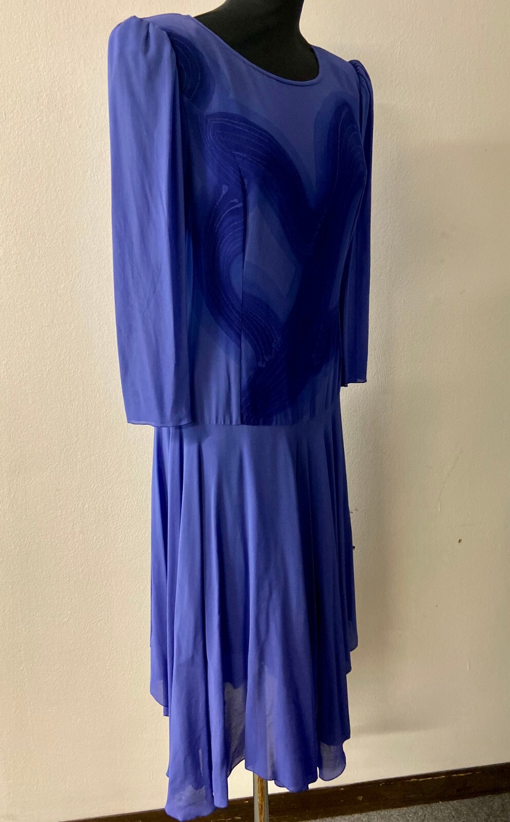 Womens Vintage Blue Cocktail Dress with Full Flowing Skirt with tiered hemline