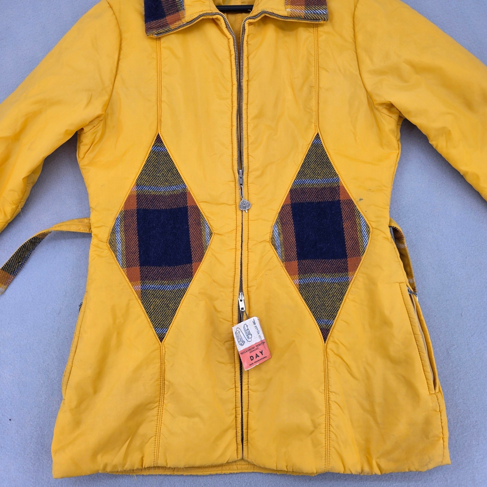 Vintage Aspen Skiwear Yellow Plaid Belted Parka Jacket Hooded 70s Sugarbush Tag