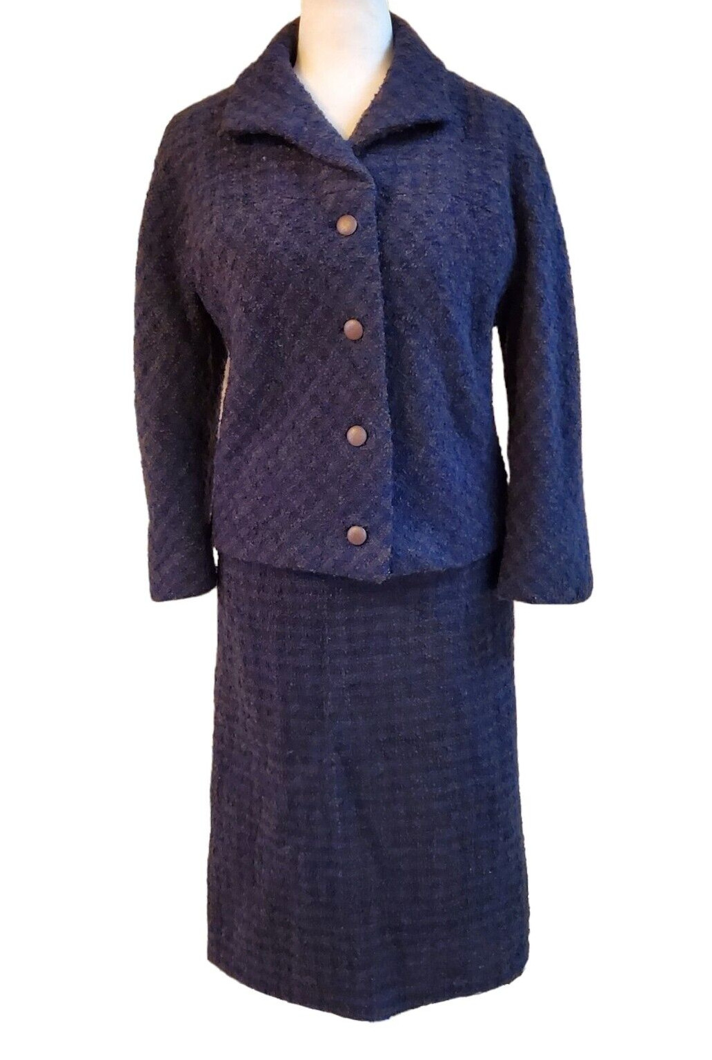 VTG Frank Gallant New York 2PC blue Brown Thick Wool Tweed Skirt Suit Union USA
