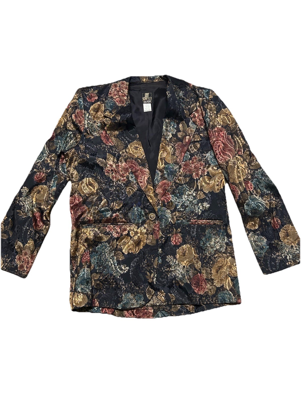 VTG 1980’s San Moire Women’s Blazrer SzM Black Floral Tapestry Padded Shoulders