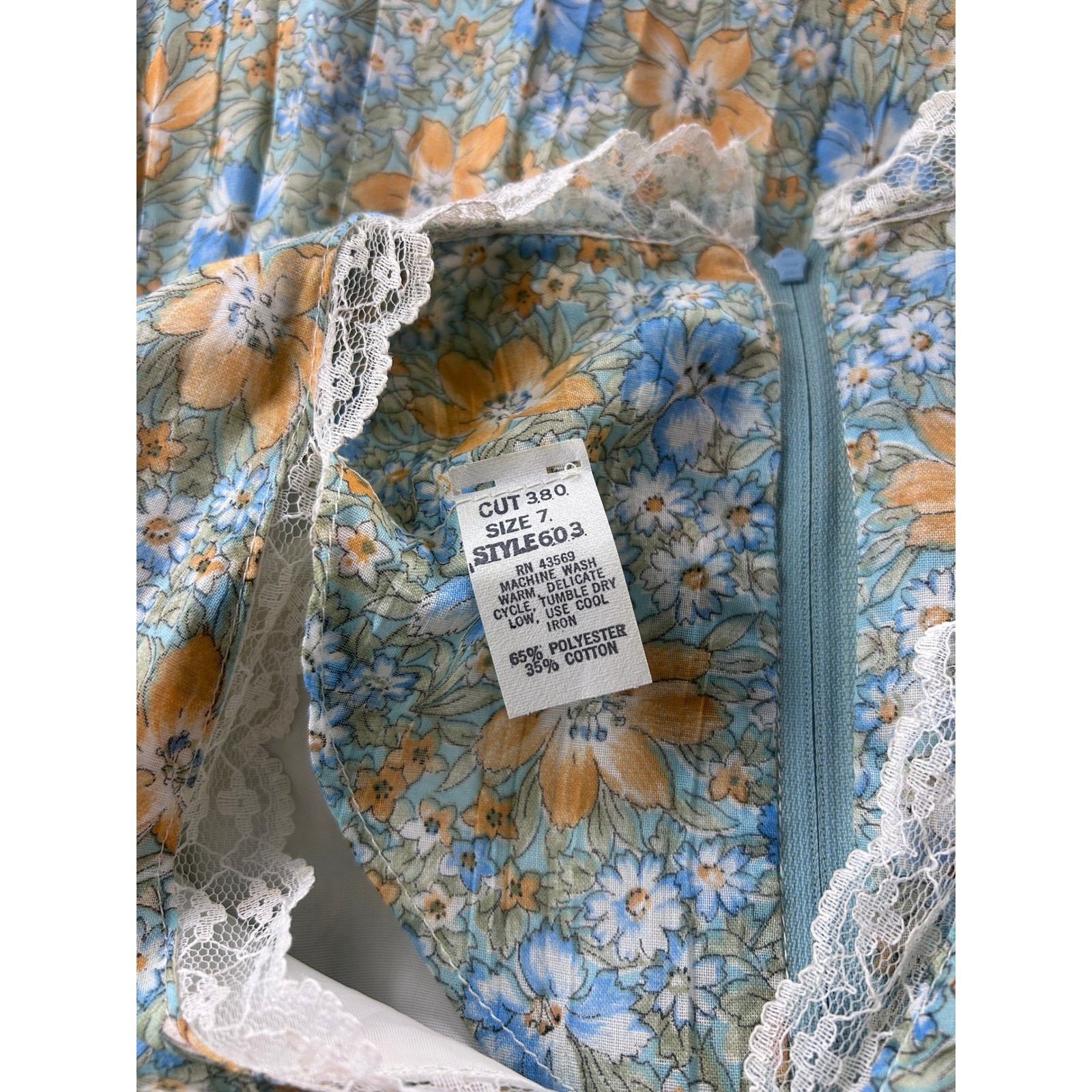 Vintage Floral Pleated Maxi Dress Blue Orange Lace Trim Balloon Sleeve Size 7