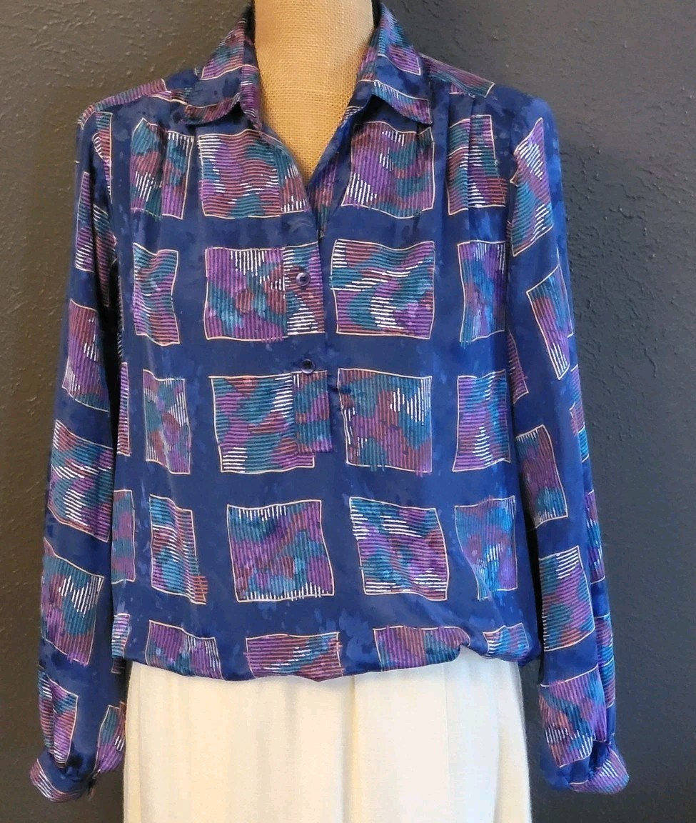 Da Rue Of California Vintage Blue Polyester Geometric Design Blouse Large