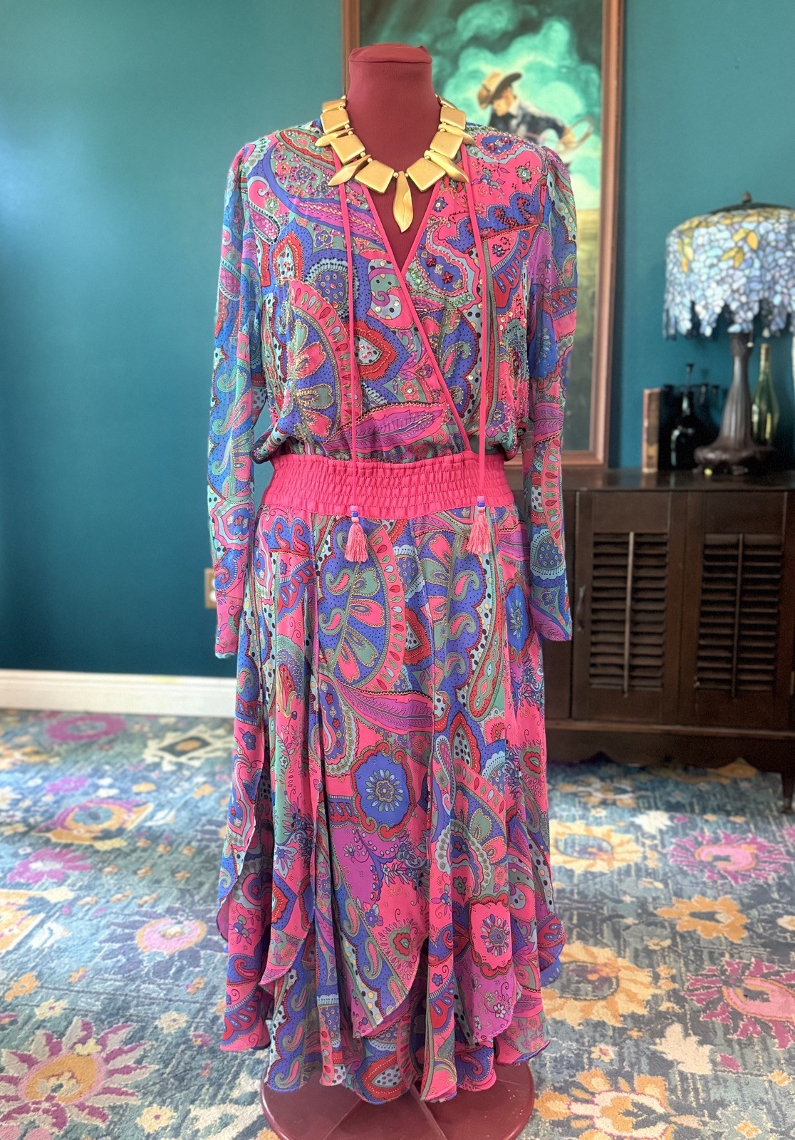 Vintage Chiffon Dress Floral Sz L / XL Diane Freis Beads Sequins