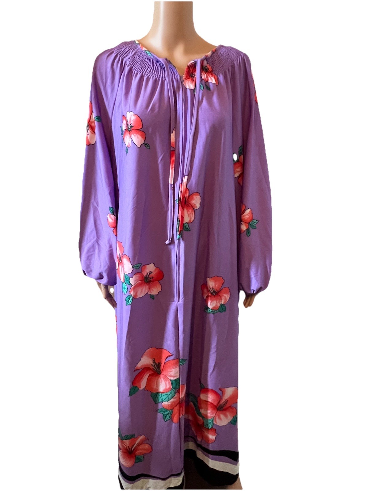 VTG 70s Sears At Home Wear Hostess Gown Dress Hawaiian Leisure Floral Robe 2XL