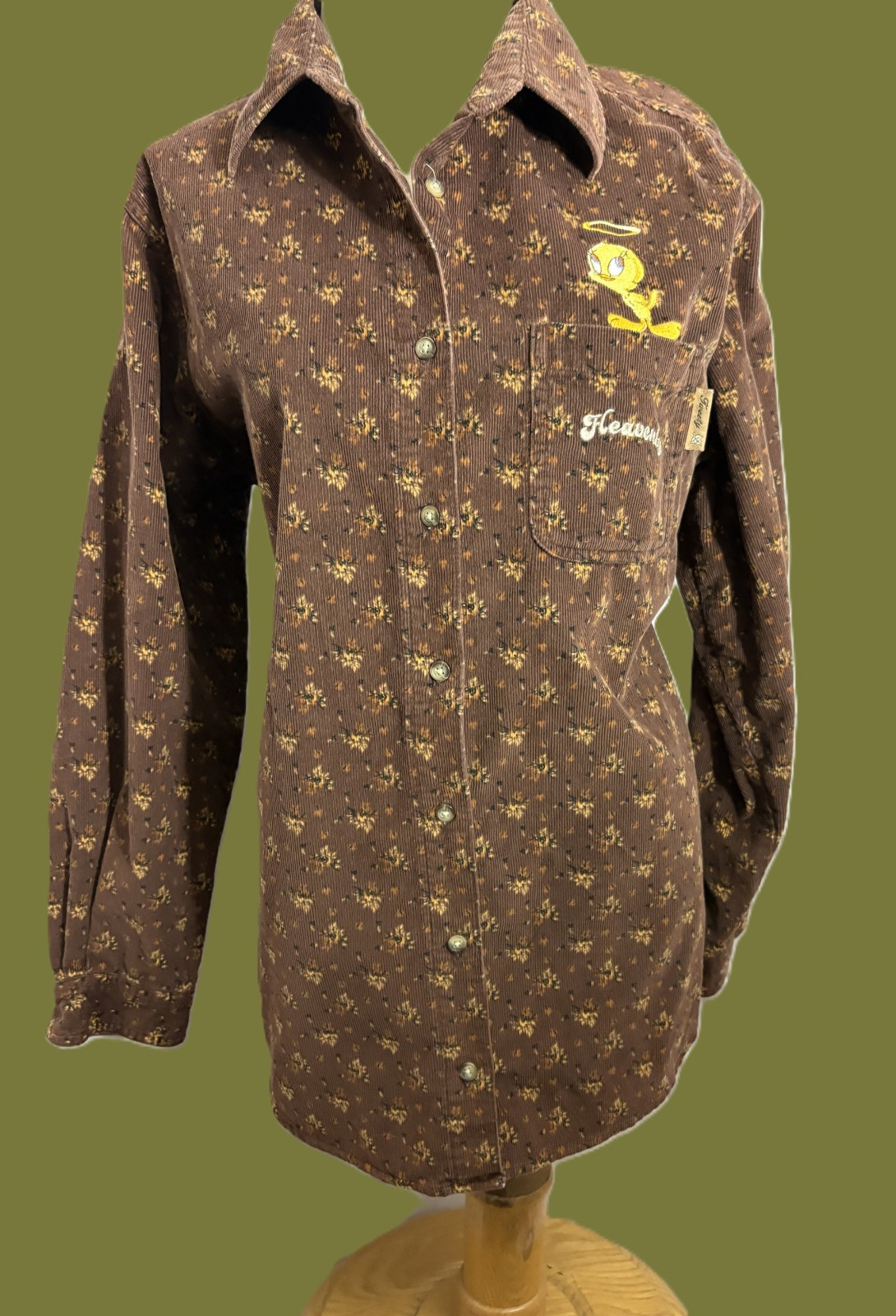 VTG Looney Tunes Woman’s Floral Corduroy Button Up Tweety Bird Size 14W/16W
