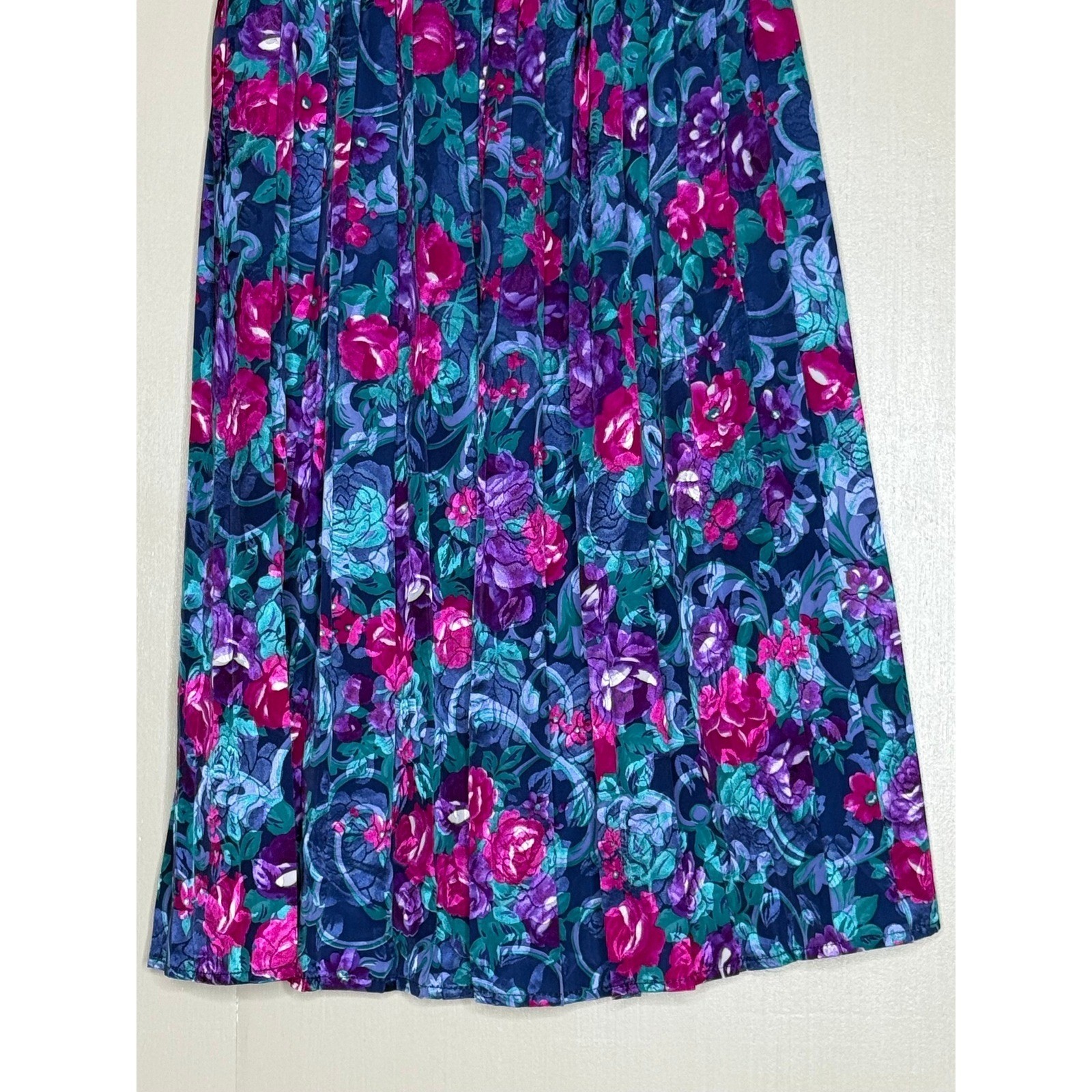Vintage Floral Pleated Skirt Jewel Tone Rose Print Cottagecore Size 6