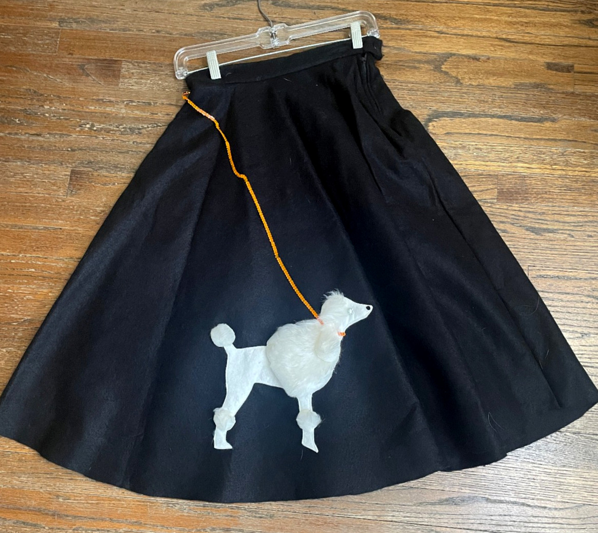 Vintage 50s Black Wool Felt Poodle Skirt Circle Midi w/fur poodle and sequins