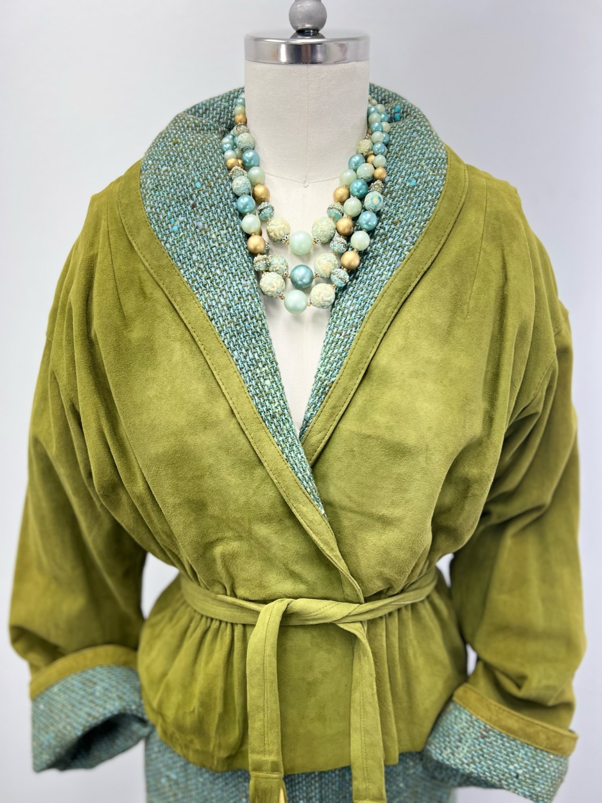 1960s VTG Leathervane Bonnie Cashin Designs 2pc Suit Pea Green Suede & Turq Wool