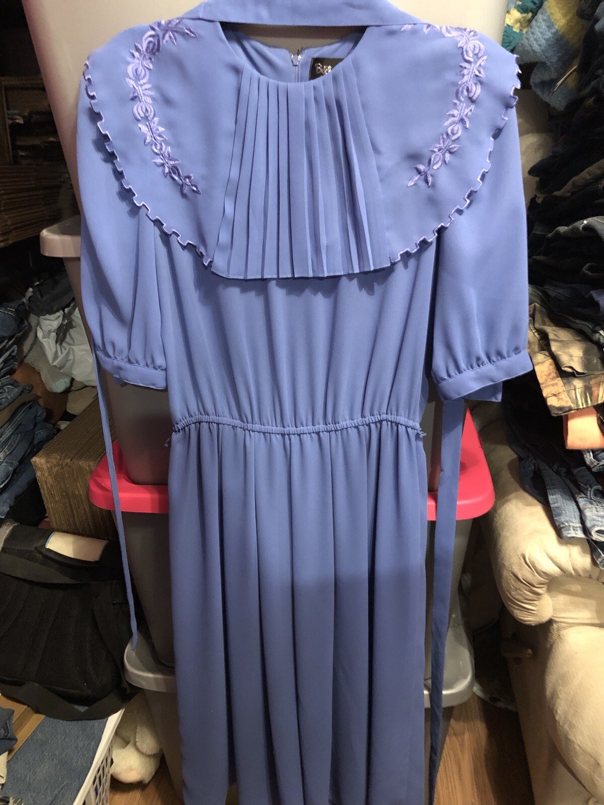 Vtg Billy Jack for Her 11/12 Blue Floral Embroidered Blouson Sheer Belted Dress