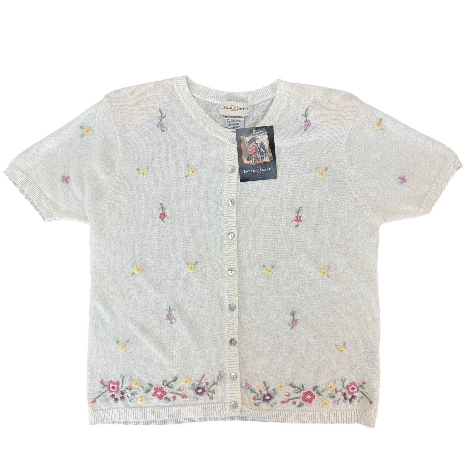 Vtg Jaclyn Smith Off White Floral Embroidered Short Sleeve Knit Top Cardigan M