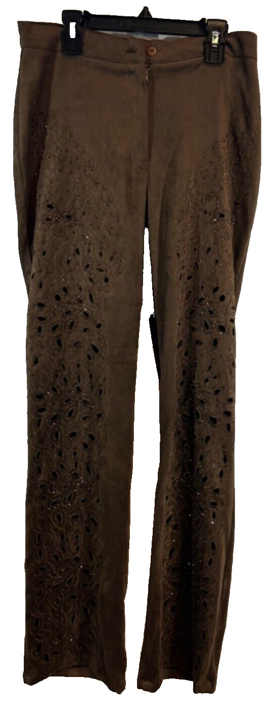 Vintage Joseph Ribkoff 6 Faux Brown Suede Pantsuit With Floral Cut OutsTrim D46
