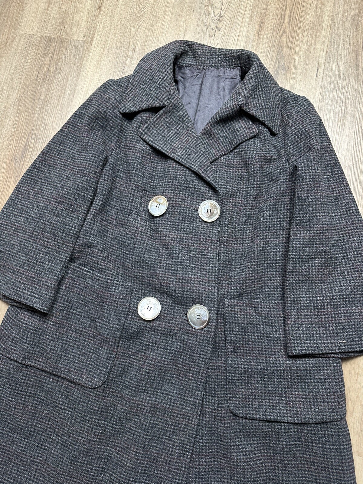 50s Vintage Double Breasted Houndstooth Grey Pea Coat Size Medium Bespoke