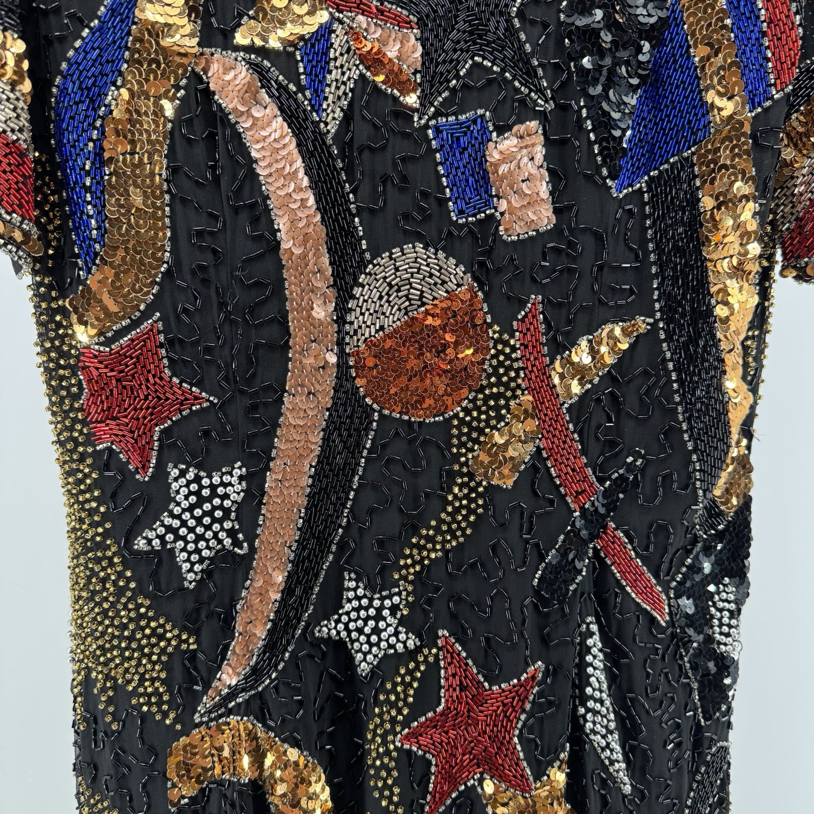 Night Line Laurence Kazar Beaded Sequin Dress 12 VTG 80’s Silk Celestial Art