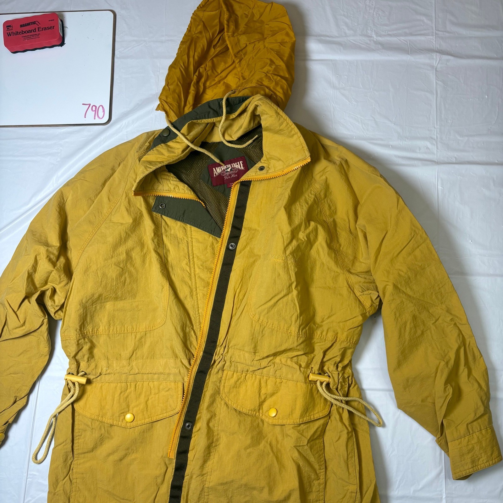 Vintage American Eagle Mustard Yellow Nylon Field Jacket Stowaway Hood Womens M