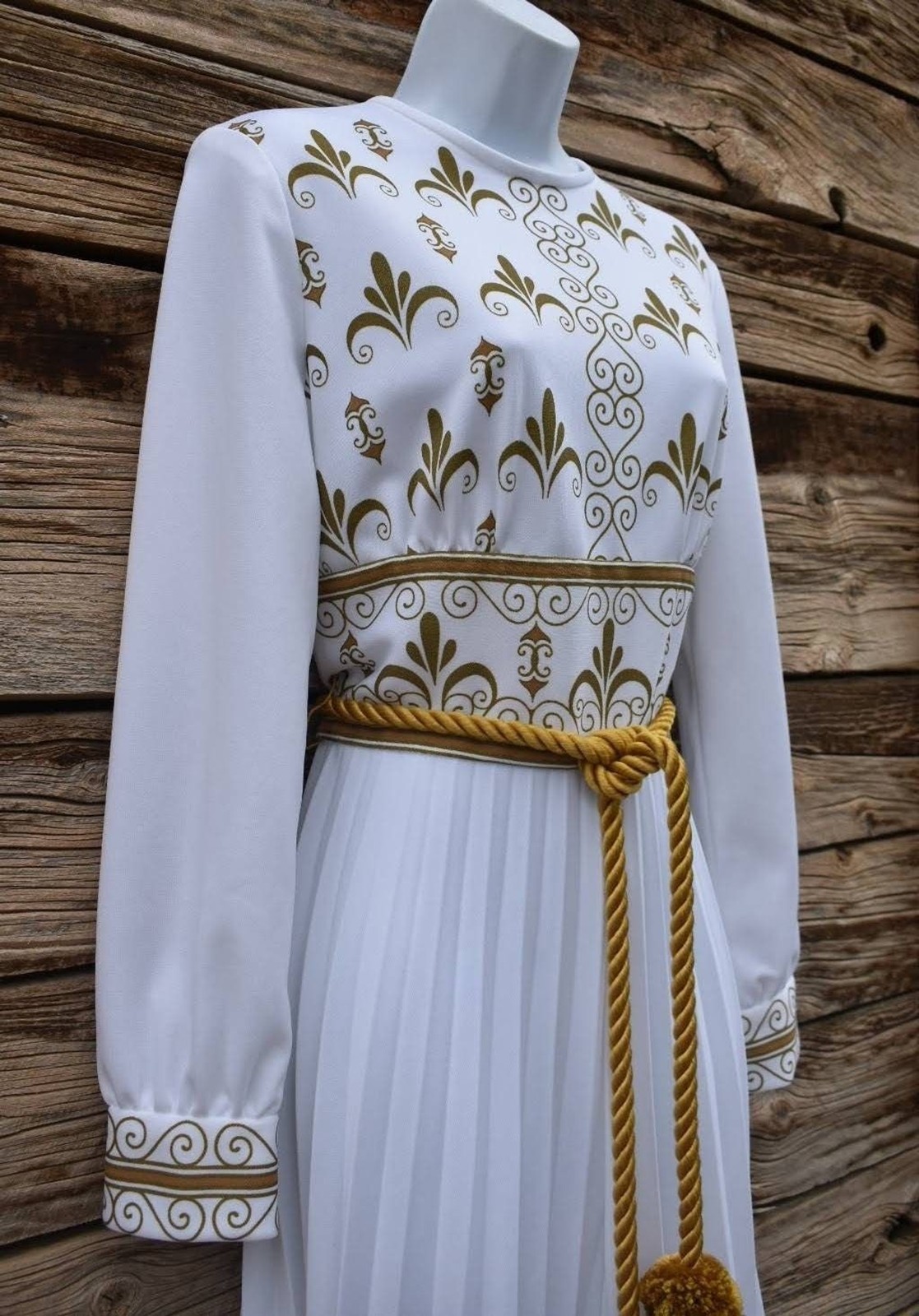 Rare Vintage 1970s Shaheen White and Gold Palazzo Jumpsuit with Gold Belt