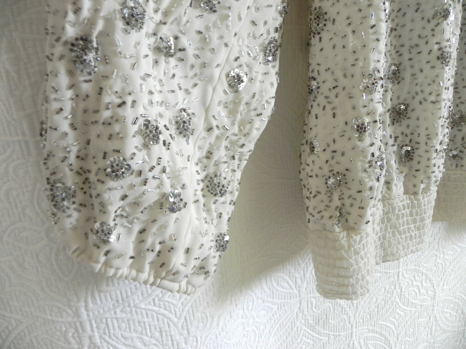 Vtg Jack Bryan Tunic Sequin/Bead Chiffon Lined Long Sleeve Ivory Over-Sized 12
