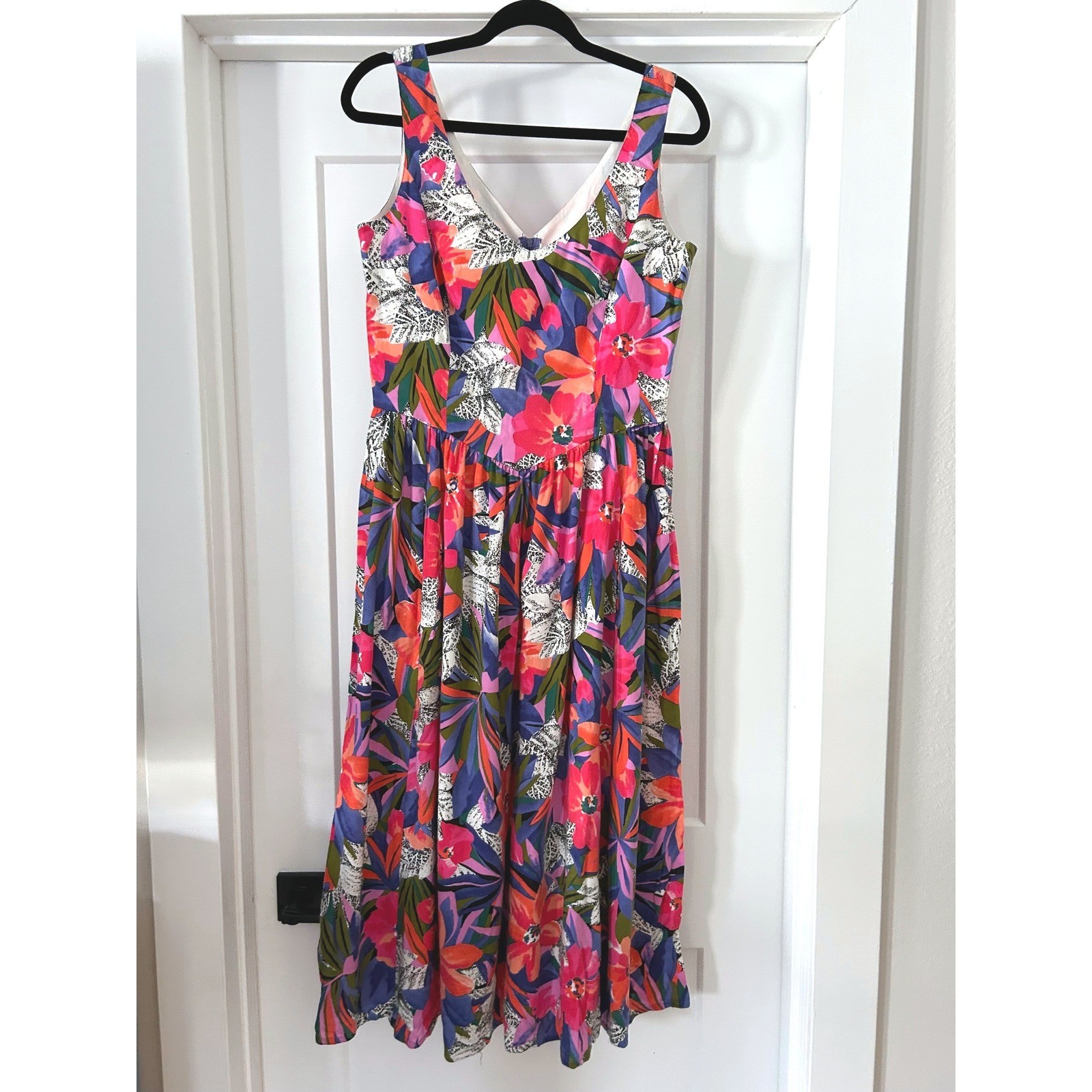Vintage Malia Honolulu Tropical Floral Midi Dress Pink Blue Orange Size 12