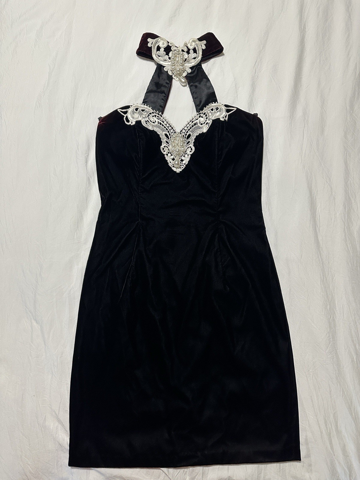 Vintage 90s Jessica McClintock Black Velvet Halter Dress Pearl Choker – 9/10