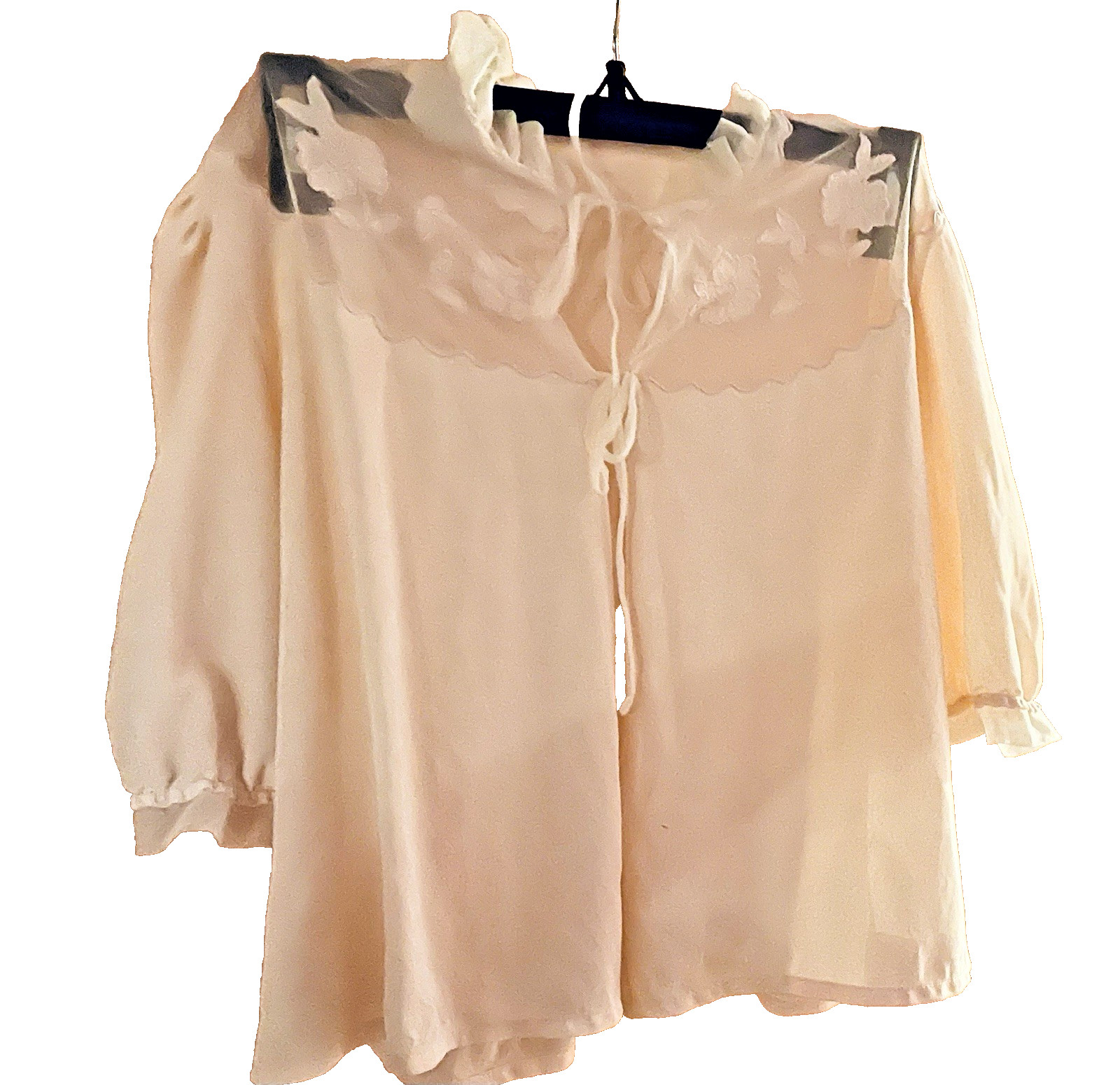 VTG Light Pink Nylon Bed Jacket Top Lace Applique Front Ties Women`s SZ S-M