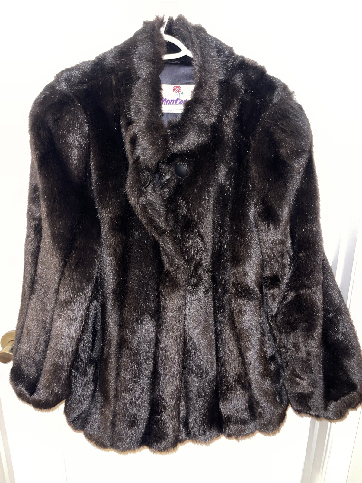 VTG Monterey Fashions Faux Fur Coat Womens 16 Black Plush Mid Length Made USA