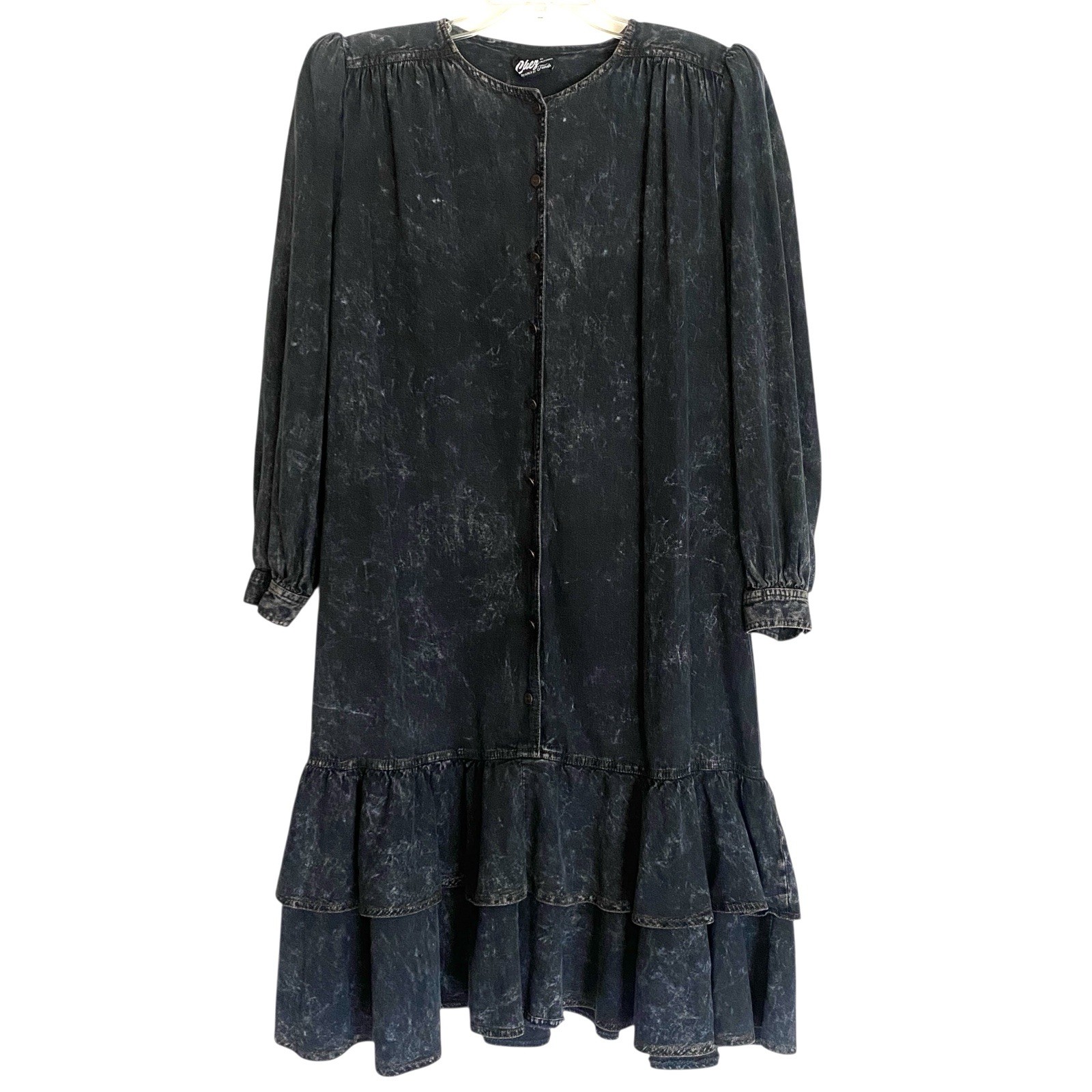 Vintage Chez California Black Stone Wash Drop Waist Dress Homestead CottageCore
