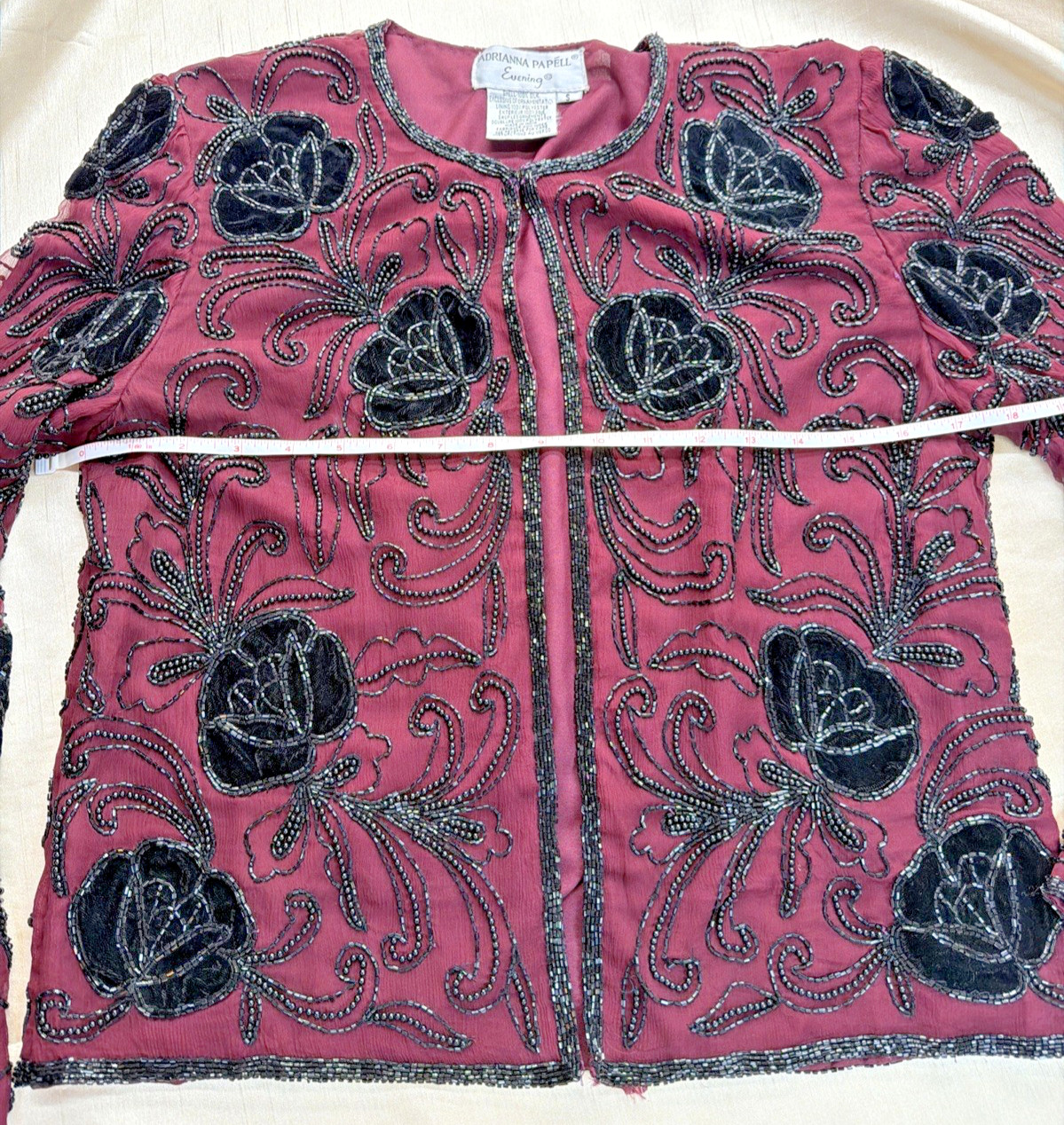 Adrianna Papell Silk Beaded Ornate Evening Jacket Small Burgundy Black Velvet