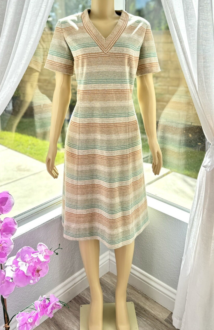 Vintage Carillon Sheath Dress Size M Medium Striped Short Sleeve Back Zip