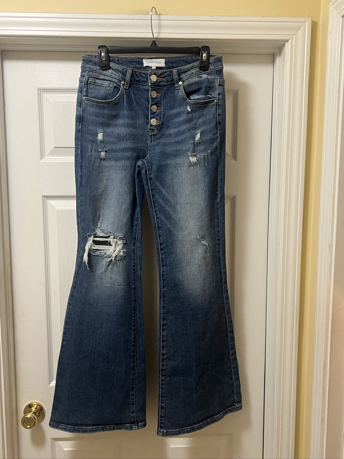 Risen Jeans Womens Distressed High Rise Button Fly Flare Denim 29