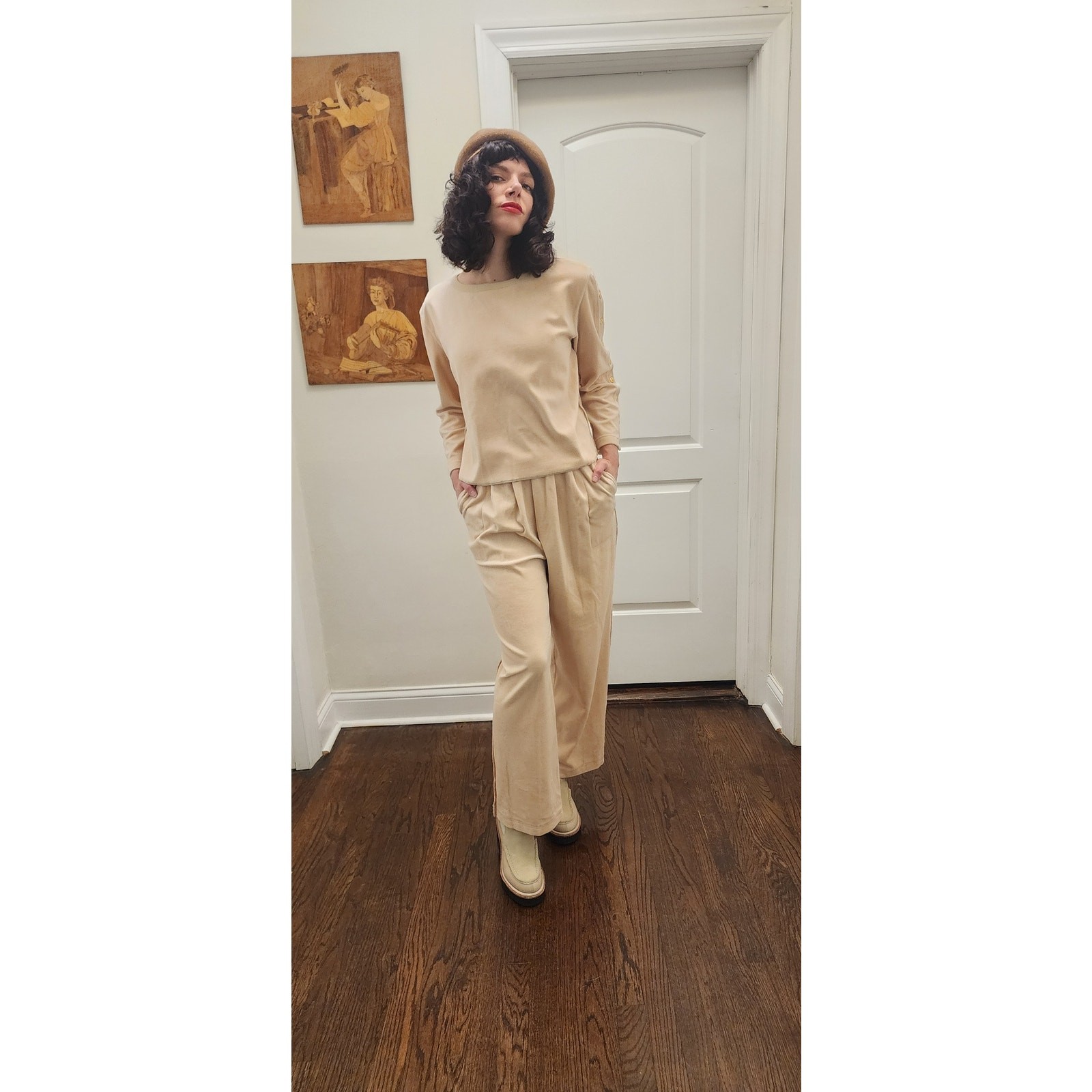 Vintage 90s Sonia Rykiel Velour Track Suit Beige w/Gold Buttons