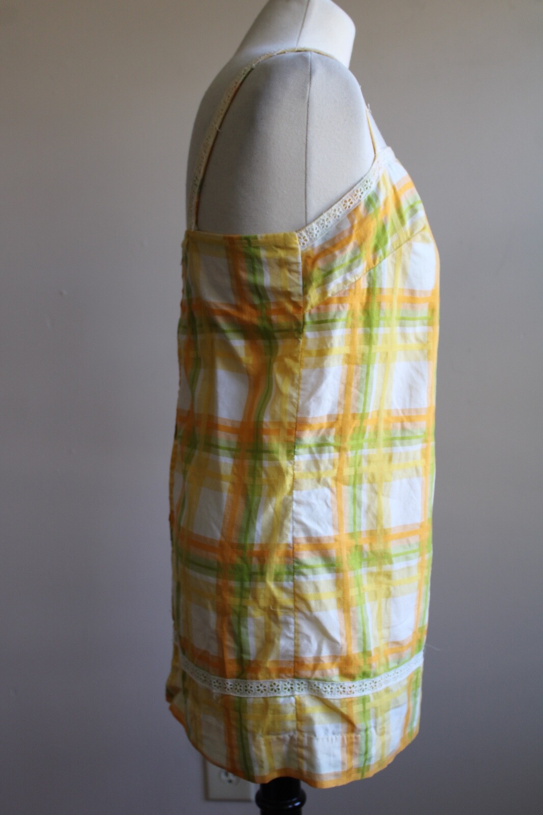 Vtg 50s Sea Lure California L Yellow Green Plaid Check Tank Top Cover Up