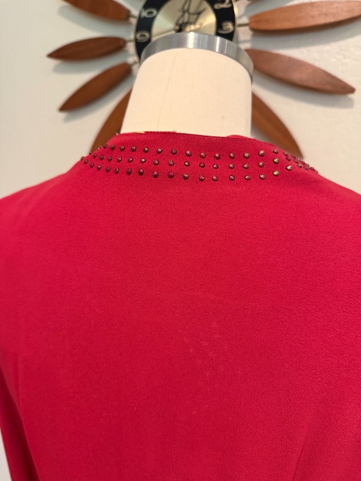 1940s Red Rayon Crepe Shirtwaist Dress with Studs Volup