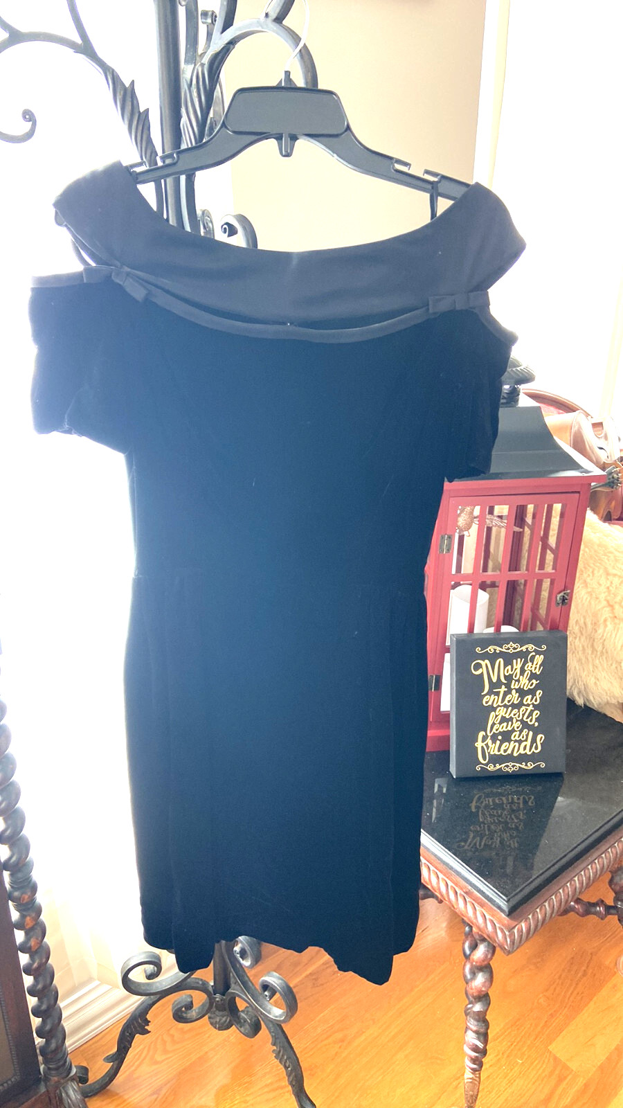 Vintage Ladies 1960-1970s HANDMADE Black Velvet Evening Dress Tea Length Small/M