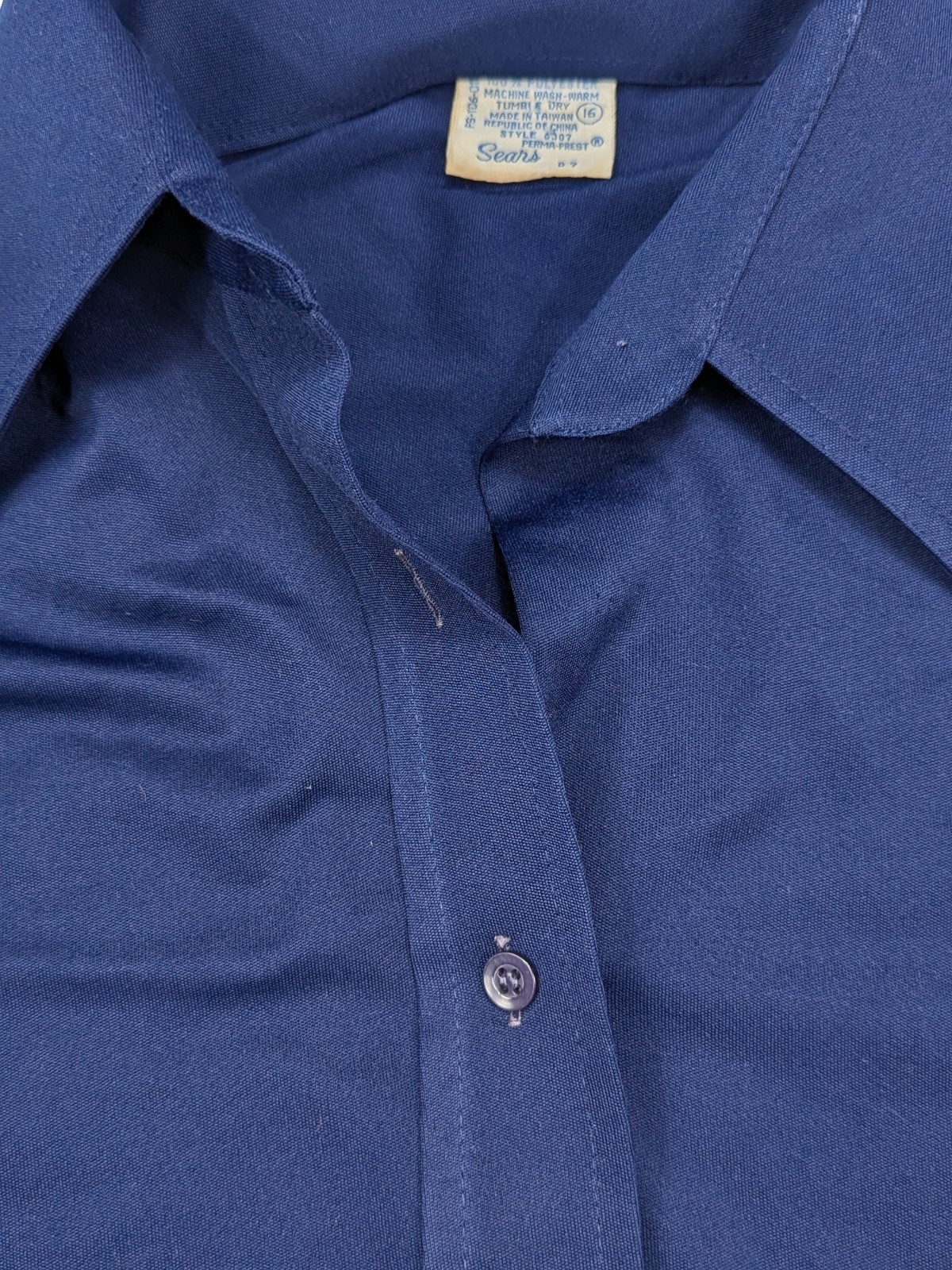 SEARS Perma Prest Vtg 60s 70s Navy Blue Btn Short Sleeve SHIRT TOP Women’s L 16
