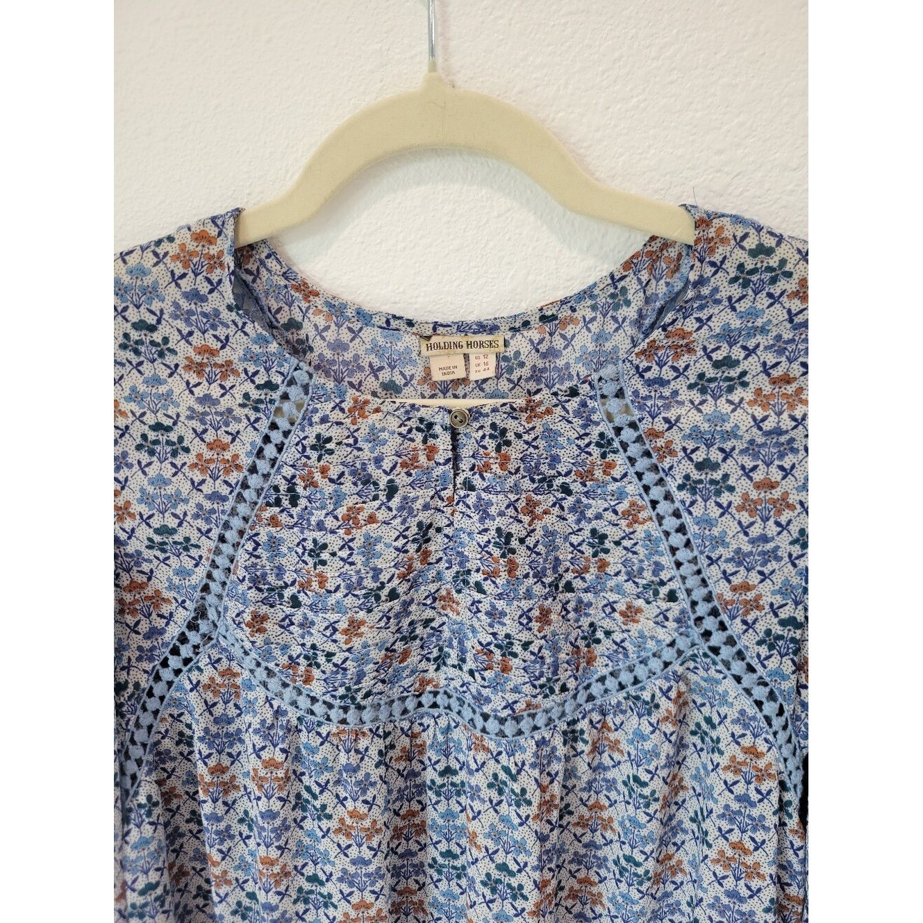 Holding Horses Anthropologie Betony Floral Swing Dress Women 12 Boho Blue Orange