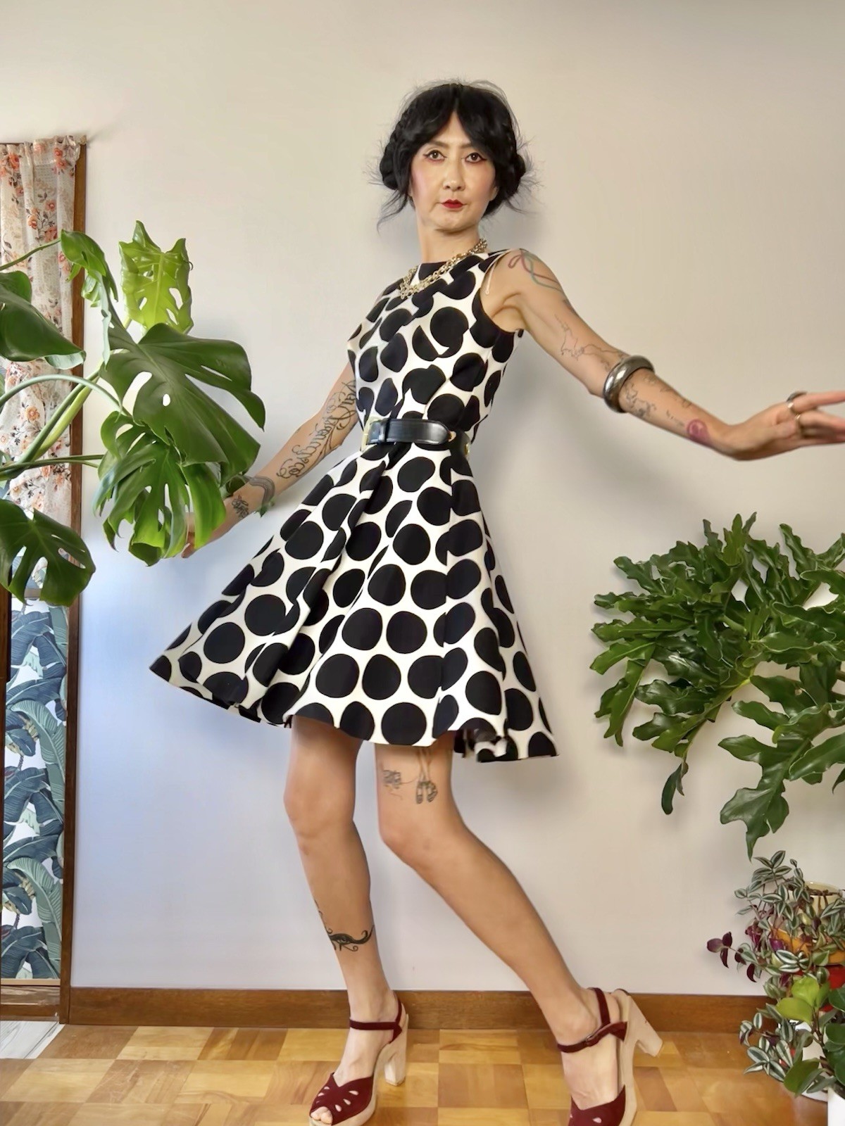 VTG 60s does 50s SABA CA Polka Dot Circle Skirt Dress Bullet Bust Mod S/M