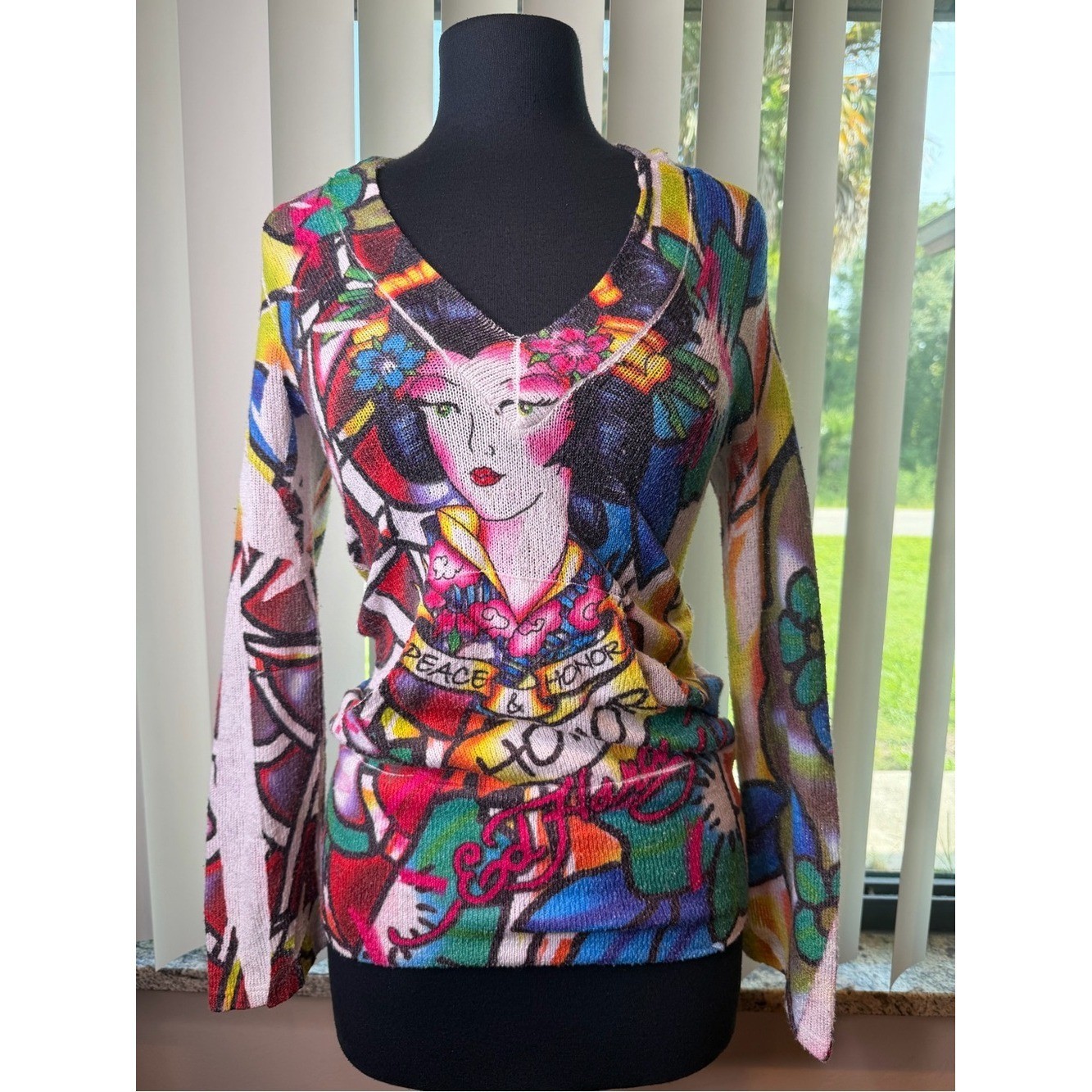 Y2K Vintage Ed Hardy knitted hooded sweater geisha art print Size Large