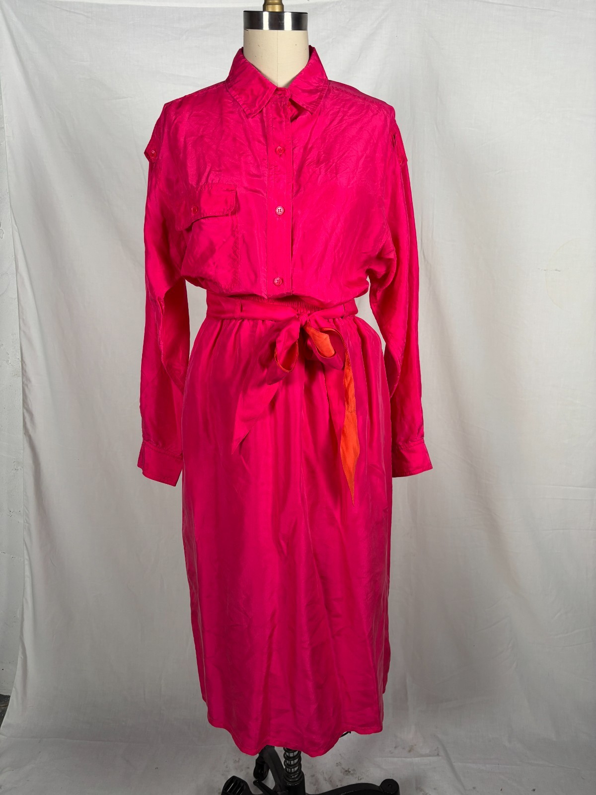 Jacqueline Ferrar 80s 100% Silk Hot Pink Orange Button Down Skirt Set Petite S/M