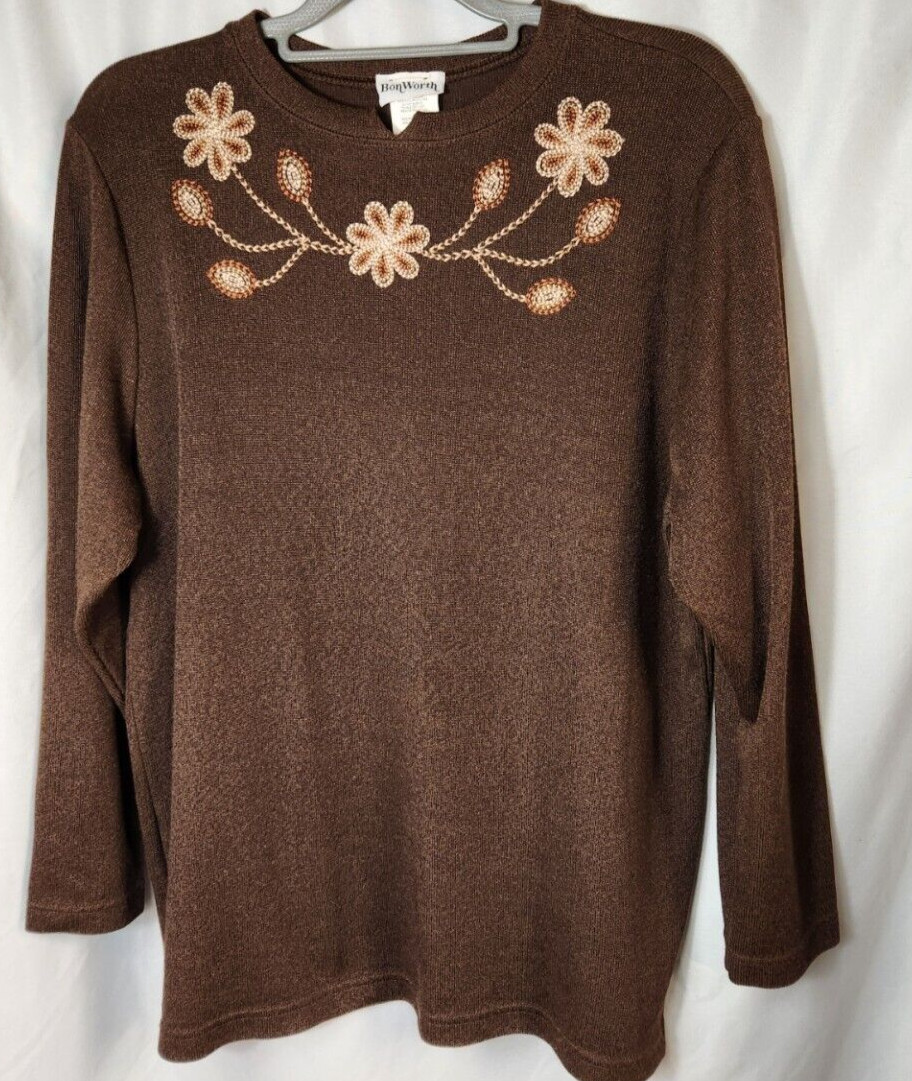 Vintage Bon Worth Chocolate Brown Embroidered long Sleeve Top, Marked Size M