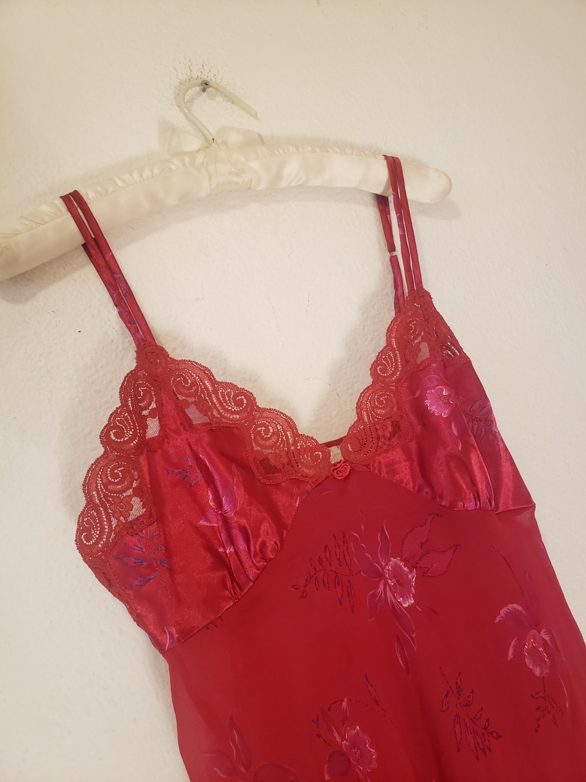 Vtg 90s Sz M Red Floral Chiffon Babydoll Teddy Mini Slip Dress Lace Satin