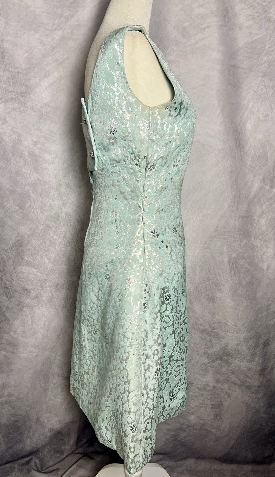 Vintage 1960s Malcolm Starr Cocktail Shift Dress Aqua Silver Floral Metallic S