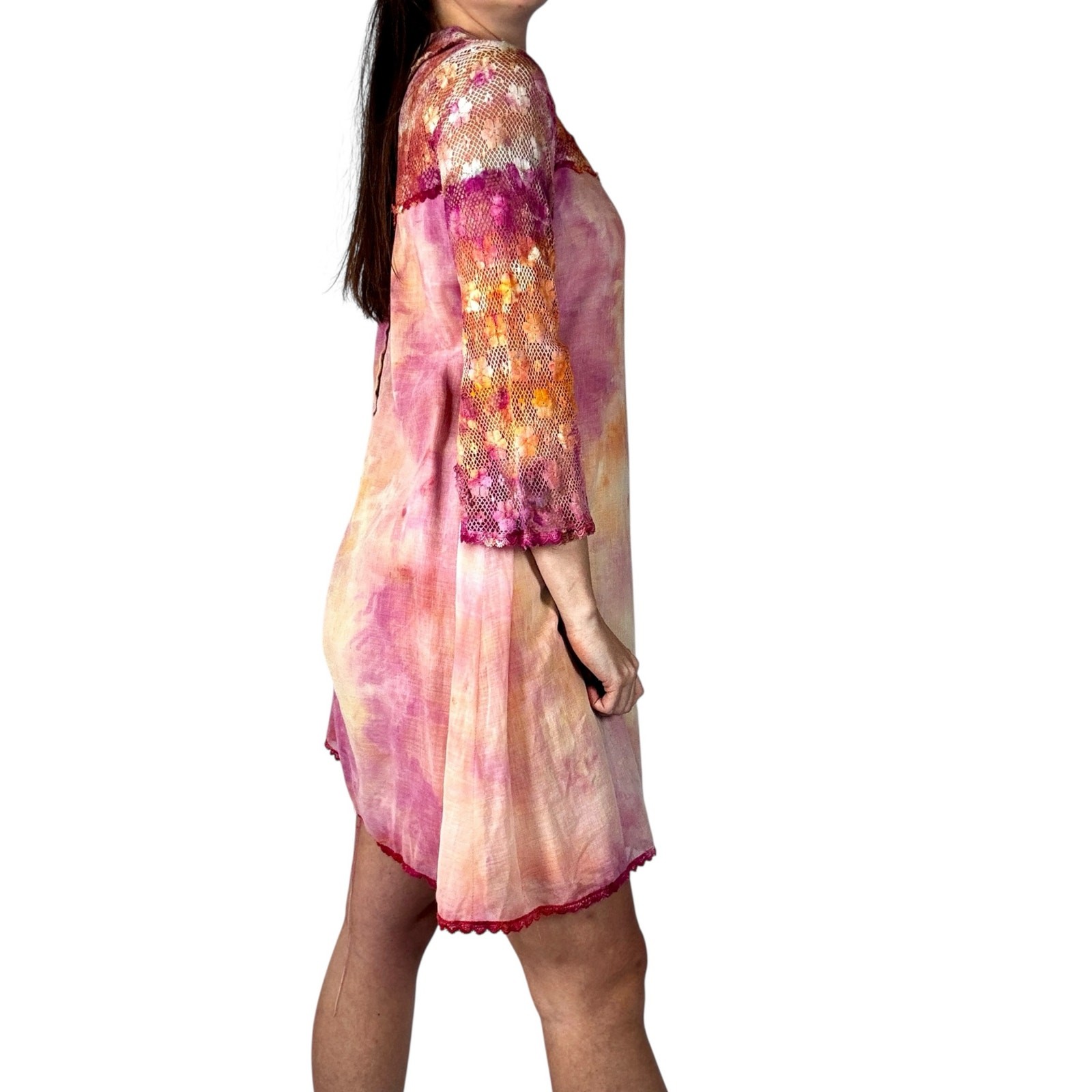 Vintage 1960s Hand Dyed Pink Orange Ice Dye Shift Dress Bell Sleeves Lace Yoke