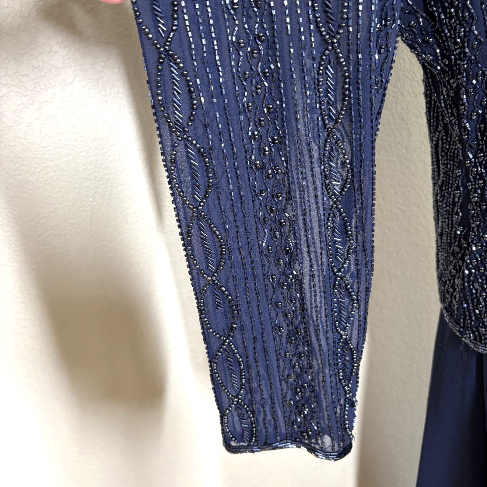 Vintage Brilliante by J.A. Navy Blue Beaded Gown Long Sleeve India MOB Large