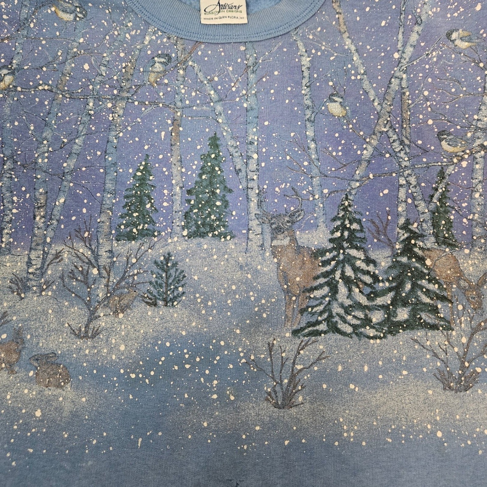 Vintage Artisans Sunschein Designs Winter Deer Scene Sweatshirt Blue Women Large