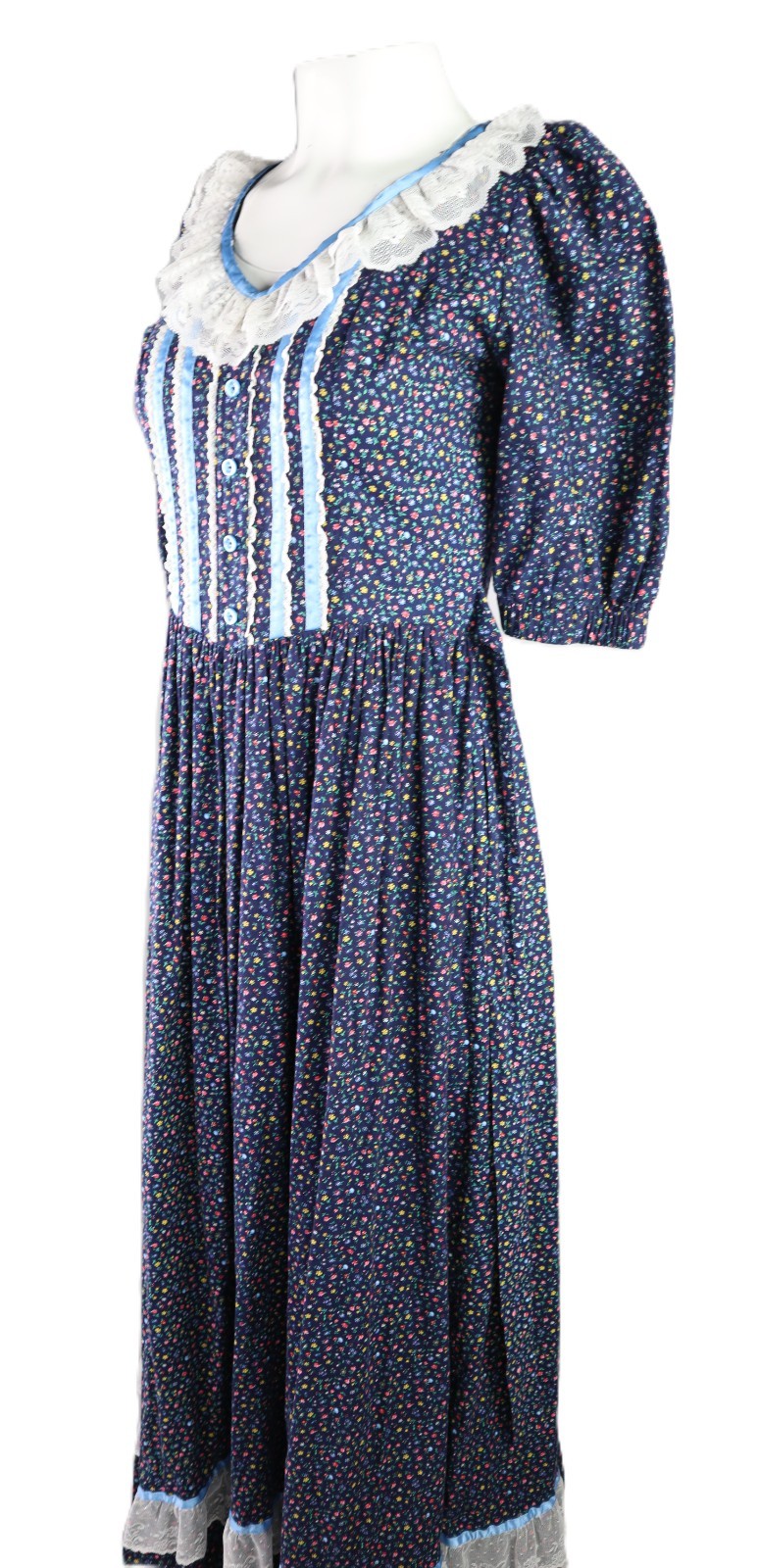VTG 70s 8 S M Cottage Prairie Floral Print Long Maxi Lace Half Sleeve Dress Blue