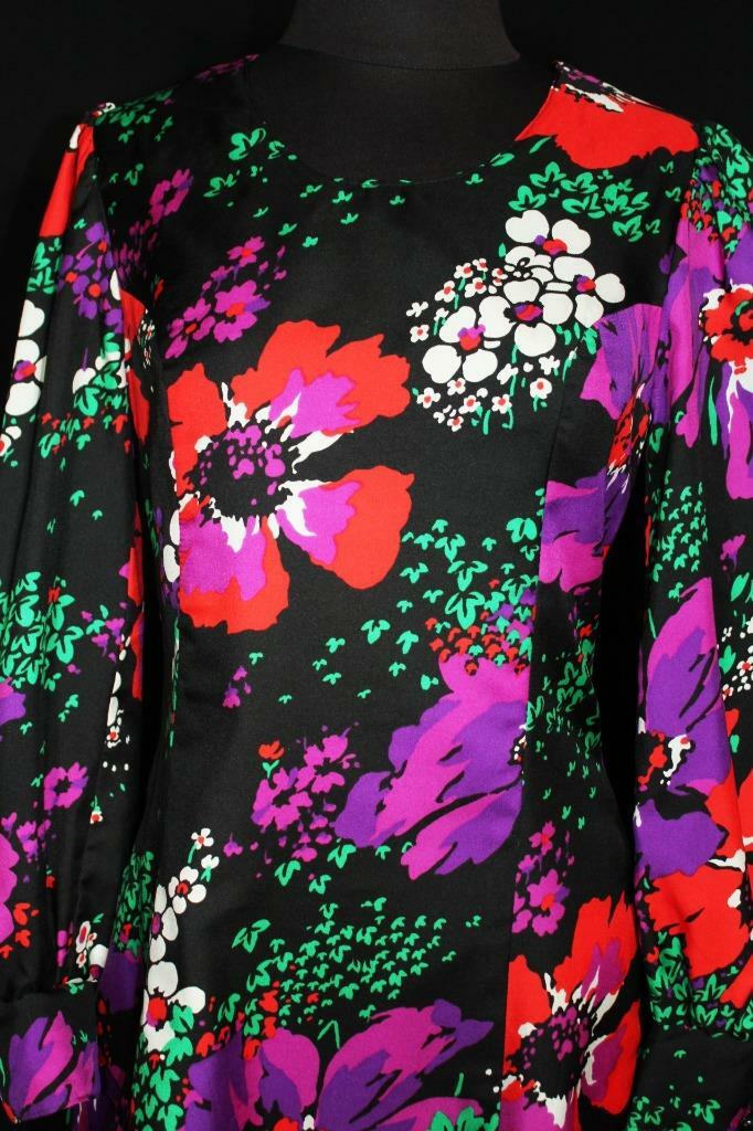 VINTAGE FRENCH 1980’S BLACK COLORFUL FLORAL PRINT MINI DRESS SIZE 6