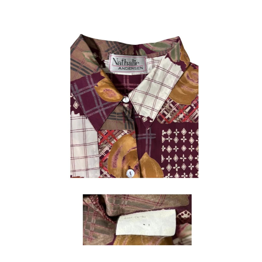 Patchwork Print Shirt Blouse Burgundy Multi Size 16 – Vintage
