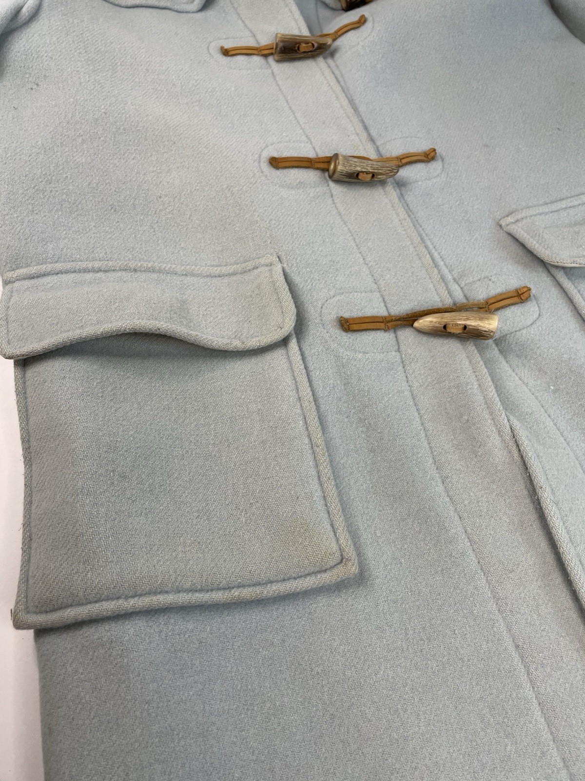 Vintage Gloverall Powder Blue Wool Duffle Coat Womens Sz 8 Hooded Toggle FLAWS