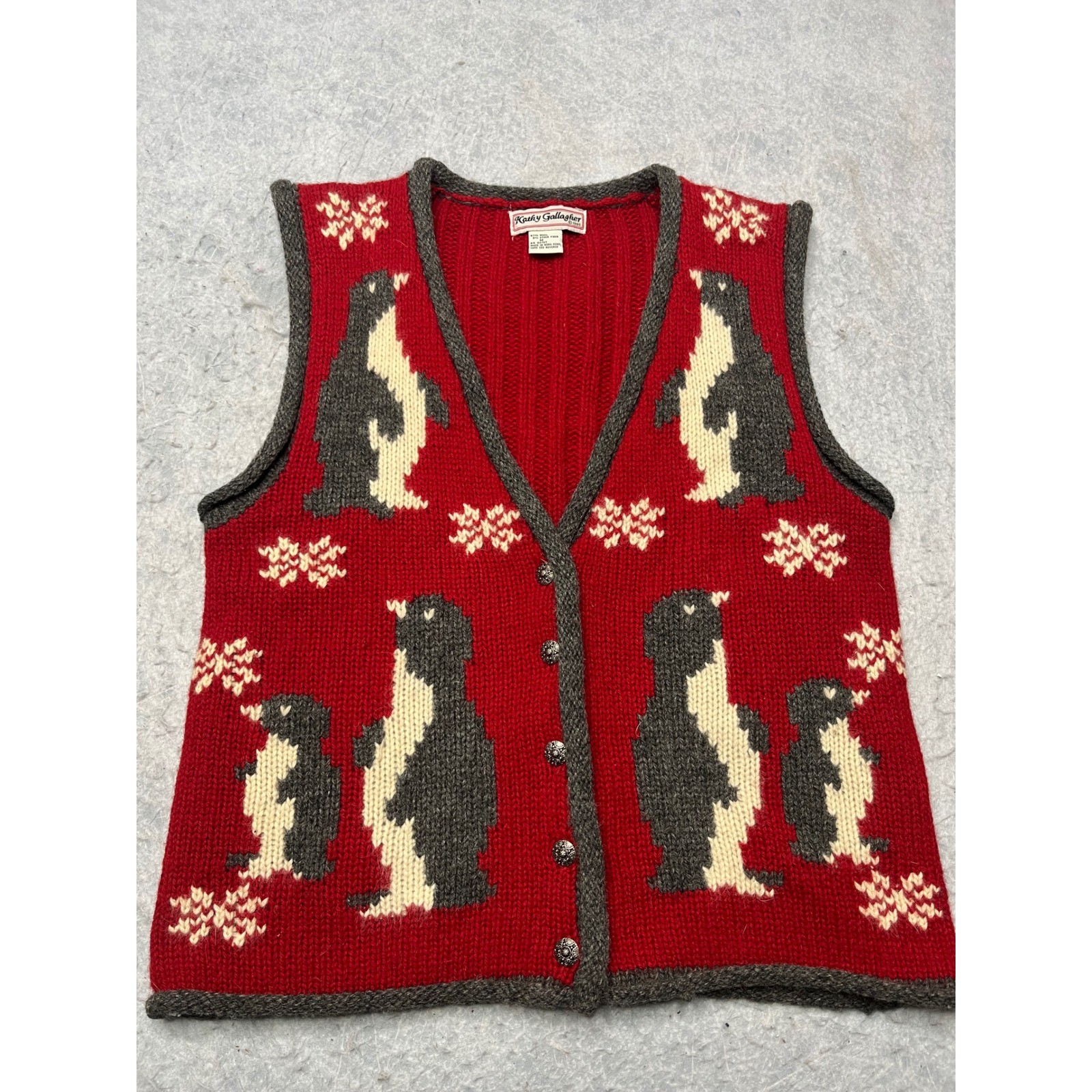 Kathy Gallagher Vintage 1995 Penguin Wool Blend knit Sweater Vest Red Womens M