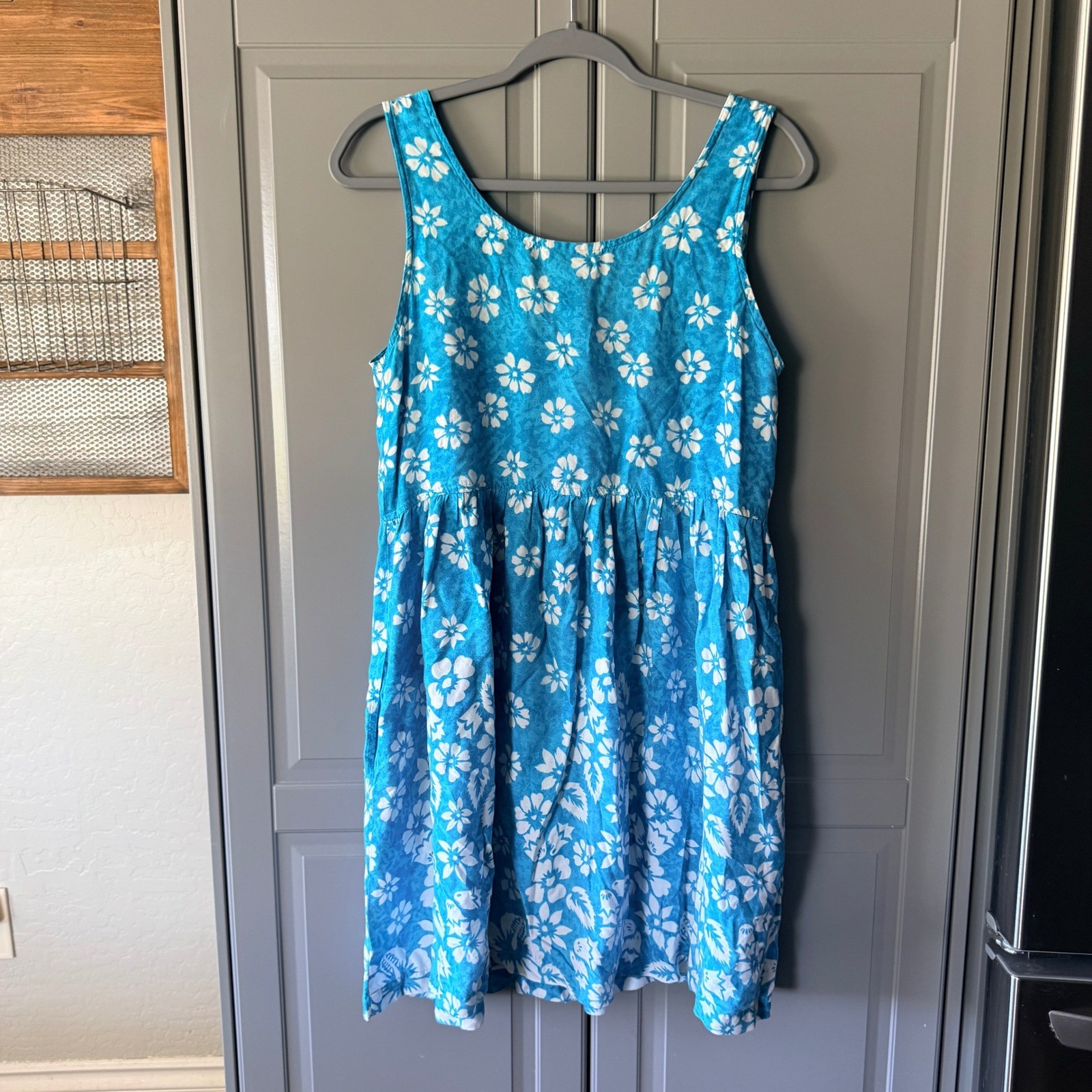 Jennifer Moore Vintage Tropical Hibiscus Sleeveless Babydoll Sundress,Teal,M